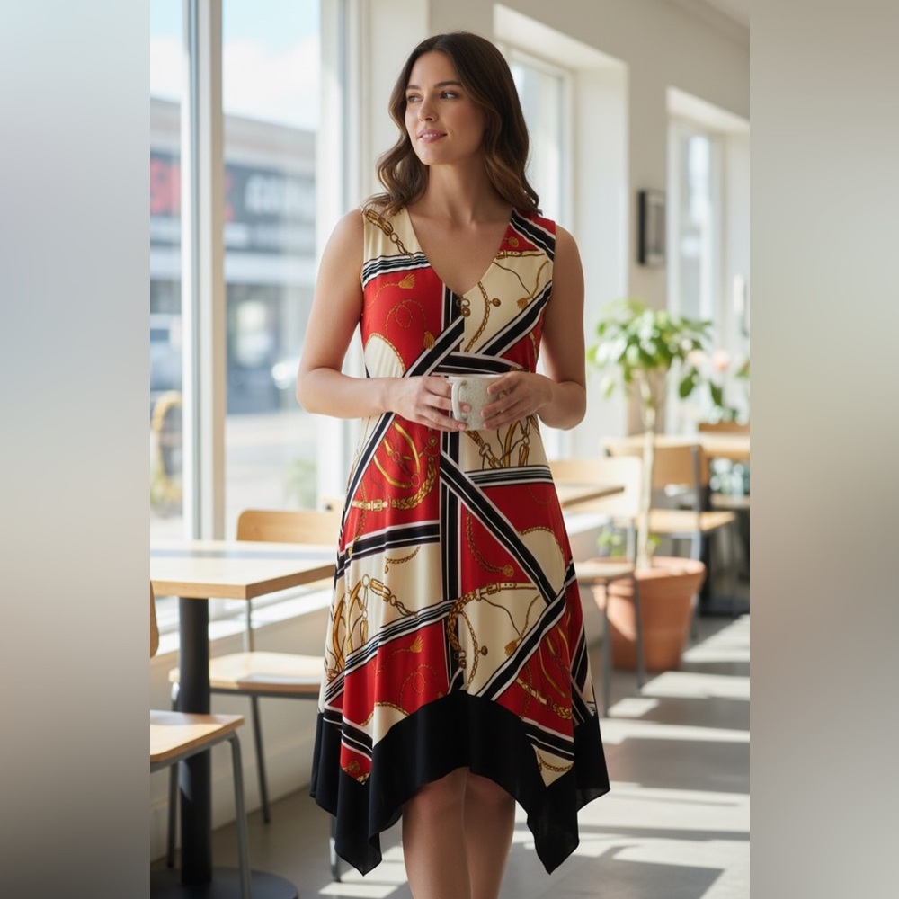 Red & Gold Striped Chain Design Maxi Dress